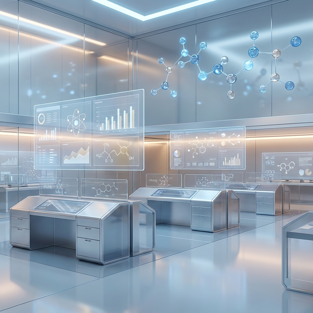 Futuristic cleanroom environment representing compounding pharmacy modern technology with glowing data panels and precision lab design. Futuristic cleanroom environment representing compounding pharmacy modern technology with glowing data panels and precision lab design.