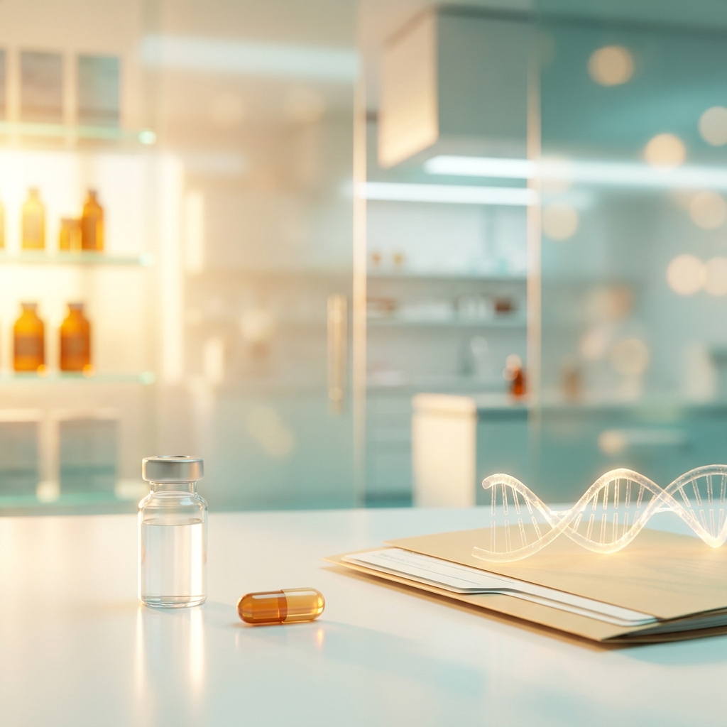 Custom medication vials and capsules on a clean surface representing thyroid hormone compounding pharmacy services.