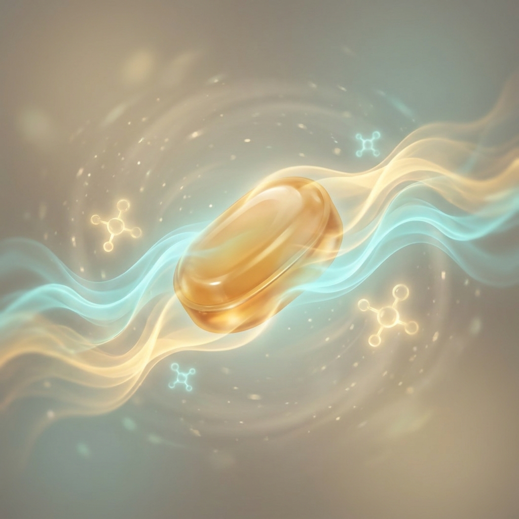 Stylized illustration representing sublingual troche medication compounding with dissolving lozenge and flowing light waves