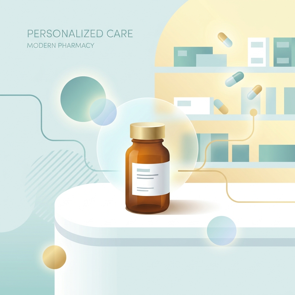 Stylized illustration of a custom prescription bottle on a clean pharmacy counter, representing how compounding pharmacy works.