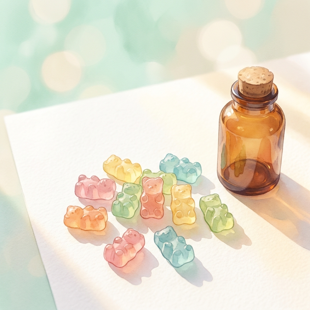 Colorful children's medication gummies for compounding displayed with a prescription bottle in warm, soft light