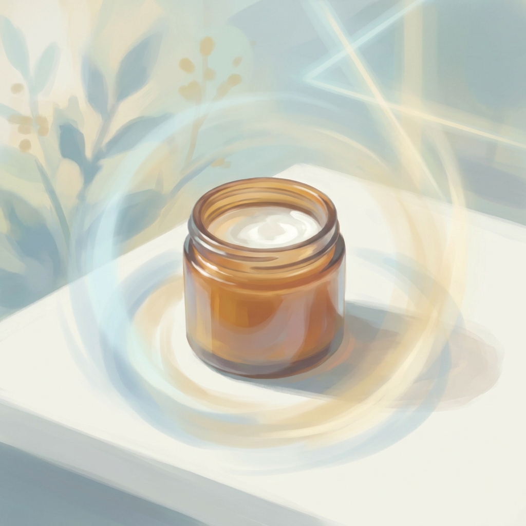Compounded ketamine cream for pain displayed as a topical cream jar with soft healing light, representing personalized pain relief.