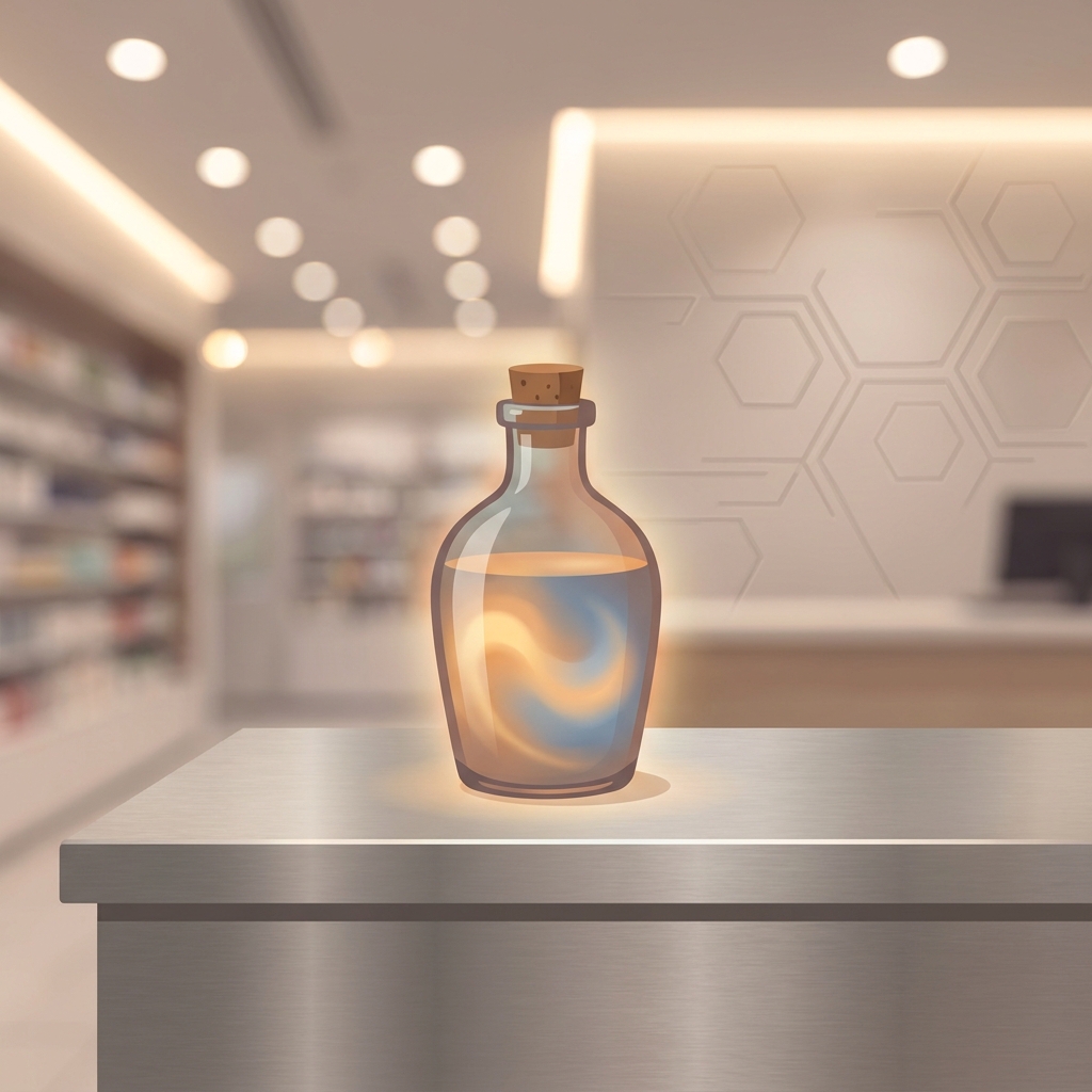Elegant apothecary vessel representing combining medication therapies at a compounding pharmacy into one personalized formula. Elegant apothecary vessel representing combining medication therapies at a compounding pharmacy into one personalized formula.