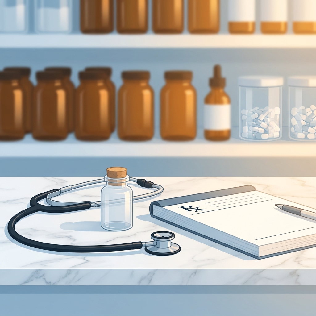 Modern compounding pharmacy setting with prescription bottles and stethoscope representing appetite suppressant compounding pharmacy options
