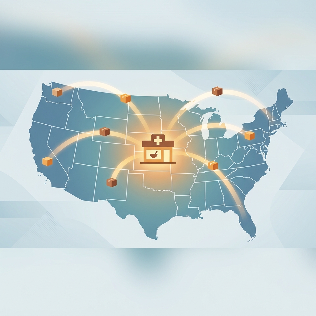 Illustrated US map showing compounding pharmacy shipping reach across states, representing which states allow compounding pharmacy shipping. Illustrated US map showing compounding pharmacy shipping reach across states, representing which states allow compounding pharmacy shipping.
