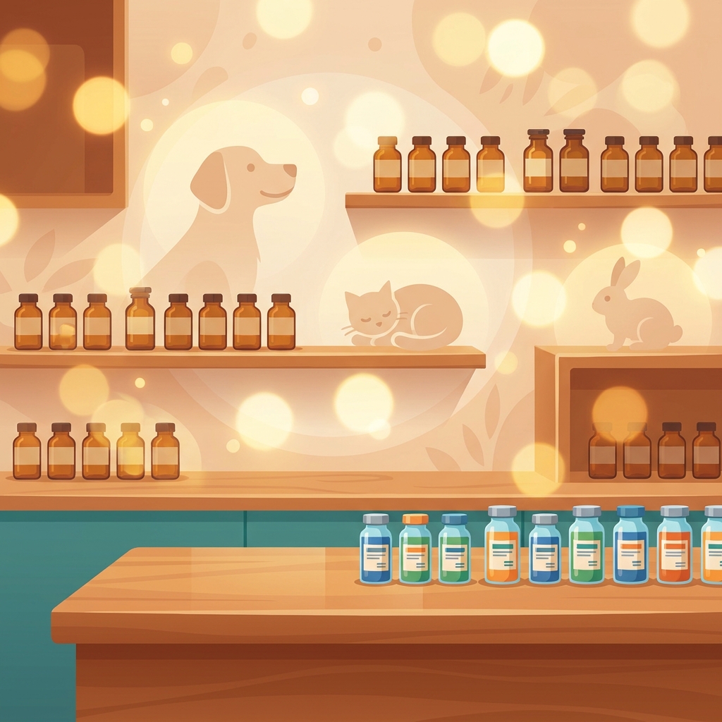 Stylized illustration of custom pet medication vials in a warm modern veterinary compounding pharmacy setting.