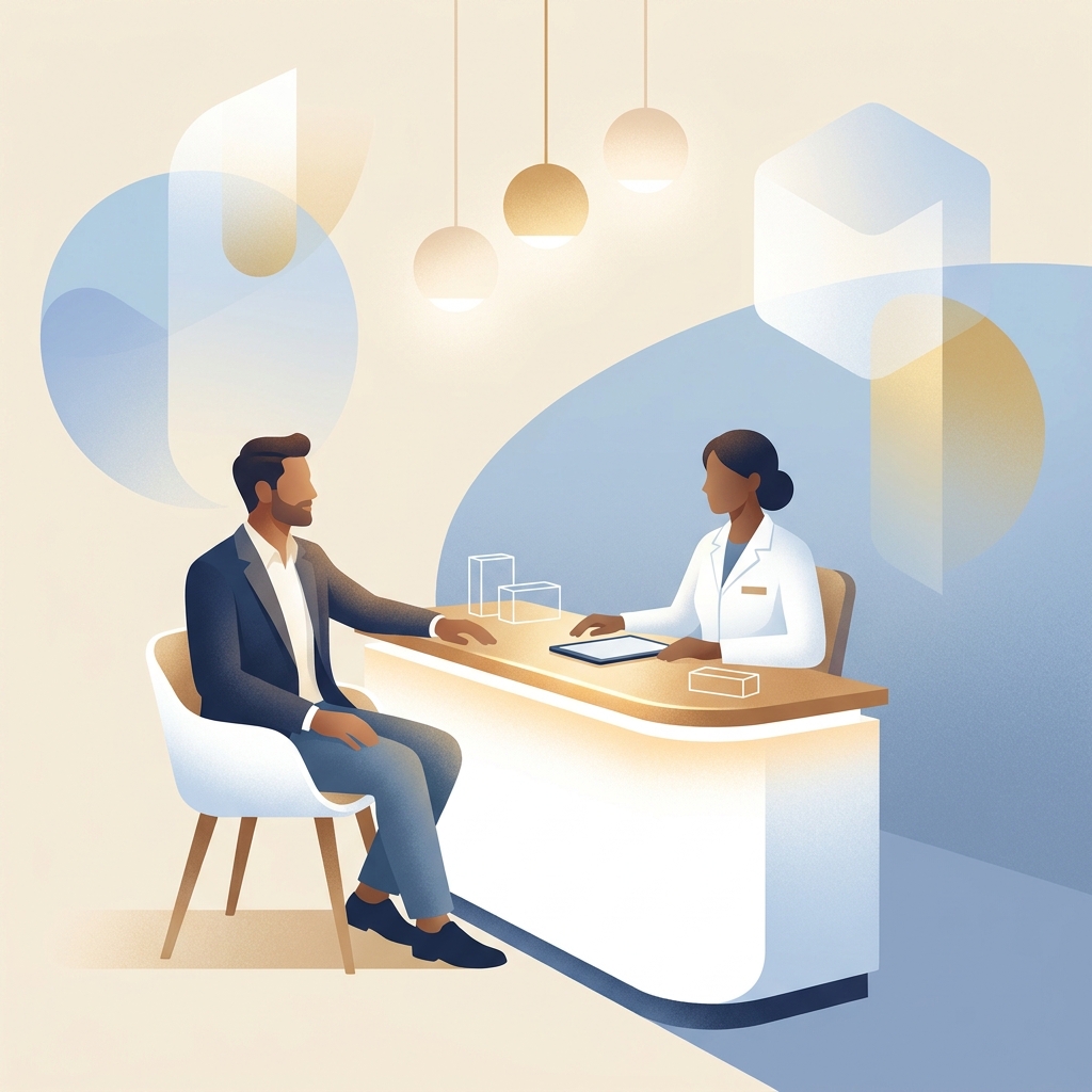 Man consulting with pharmacist about erectile dysfunction compounding pharmacy options in a modern, private setting.