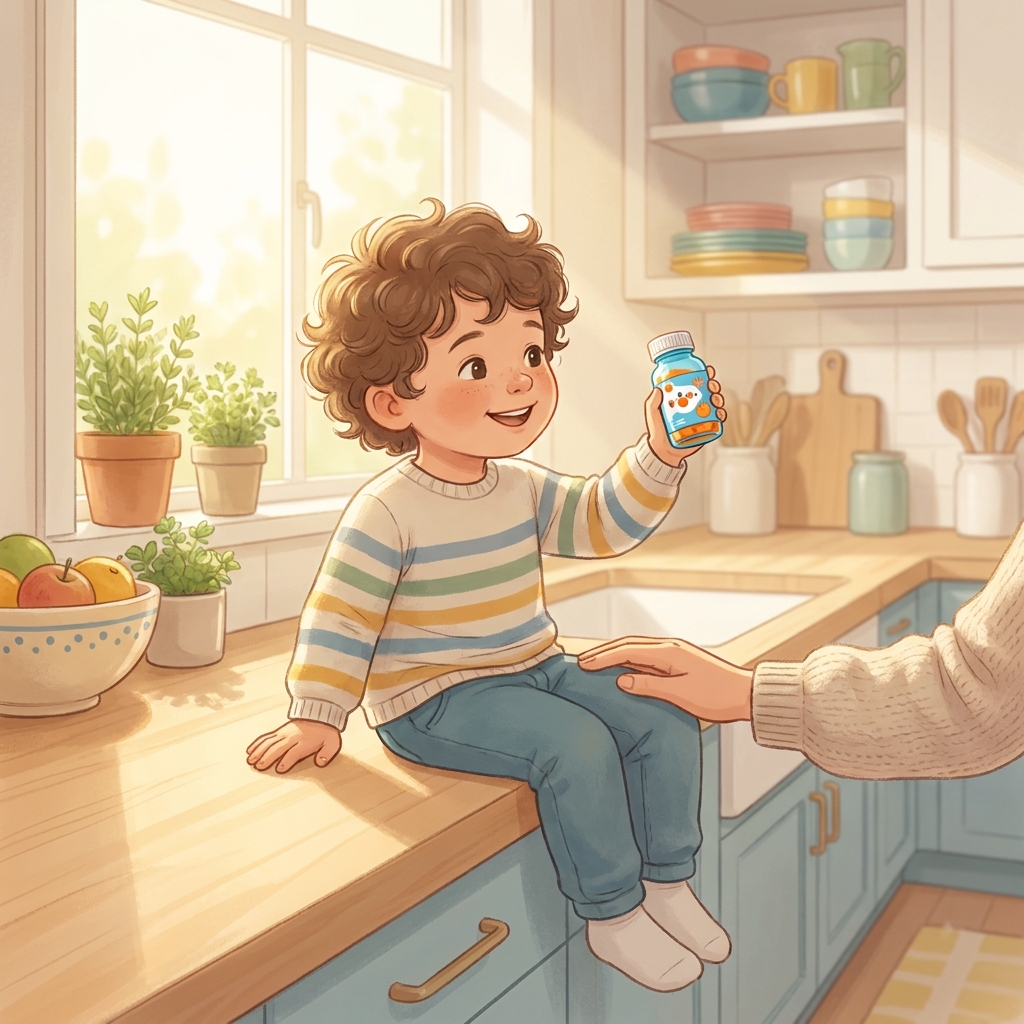 Child happily taking compounded liquid medication for kids with parent's supportive presence nearby