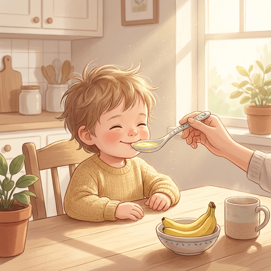Happy child taking banana cream flavored medication compounding with a smile in a warm home setting. Happy child taking banana cream flavored medication compounding with a smile in a warm home setting.