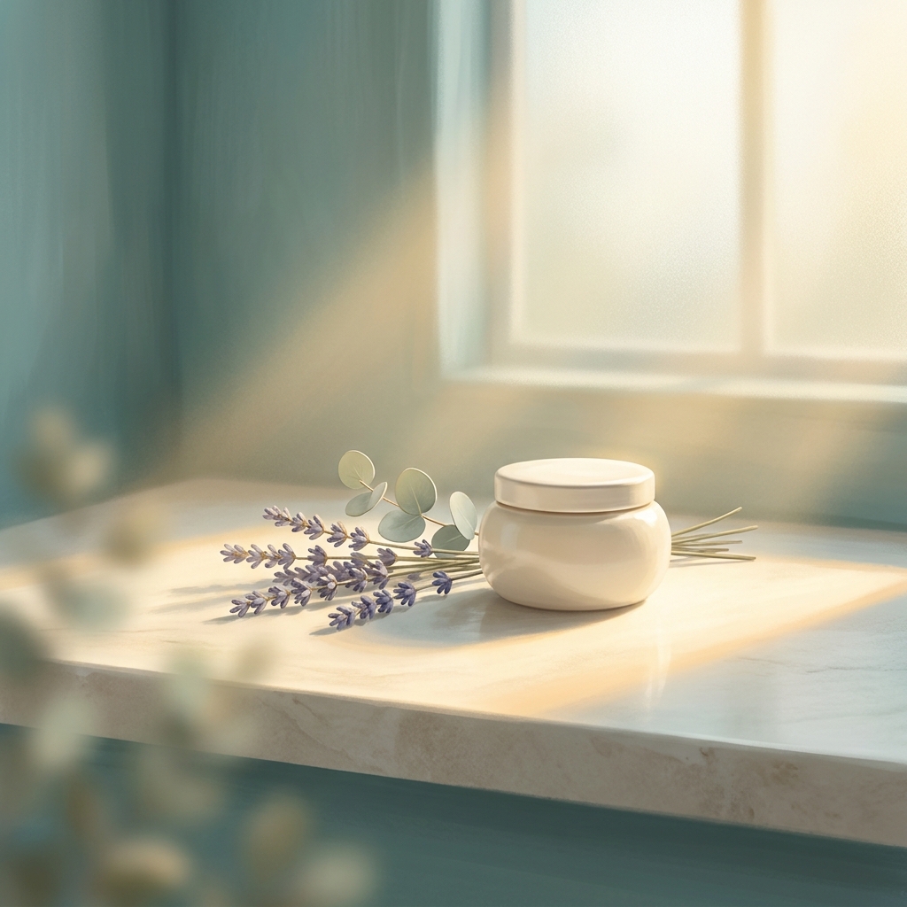 Elegant topical cream jar with botanicals representing localized pain treatment without systemic side effects