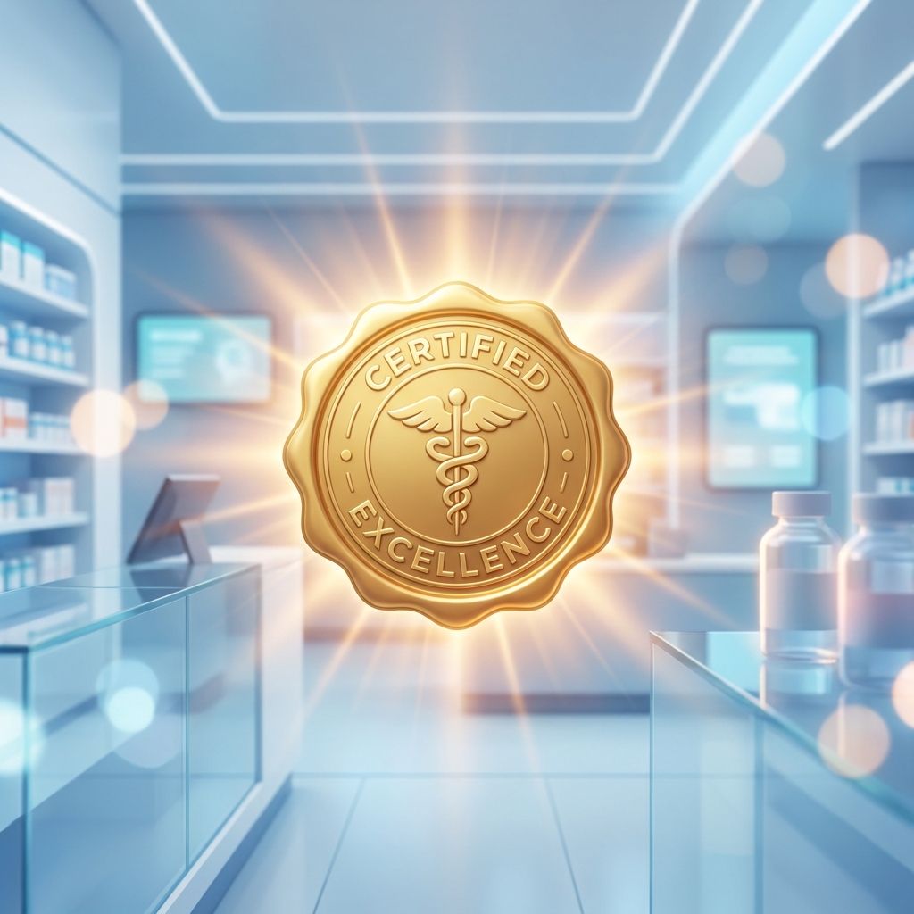 Gold accreditation seal symbolizing compounding pharmacy accreditation explained through PCAB certification standards