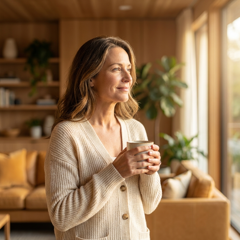 Woman feeling energized and well after hormone therapy for weight gain and fatigue, standing in warm morning light.