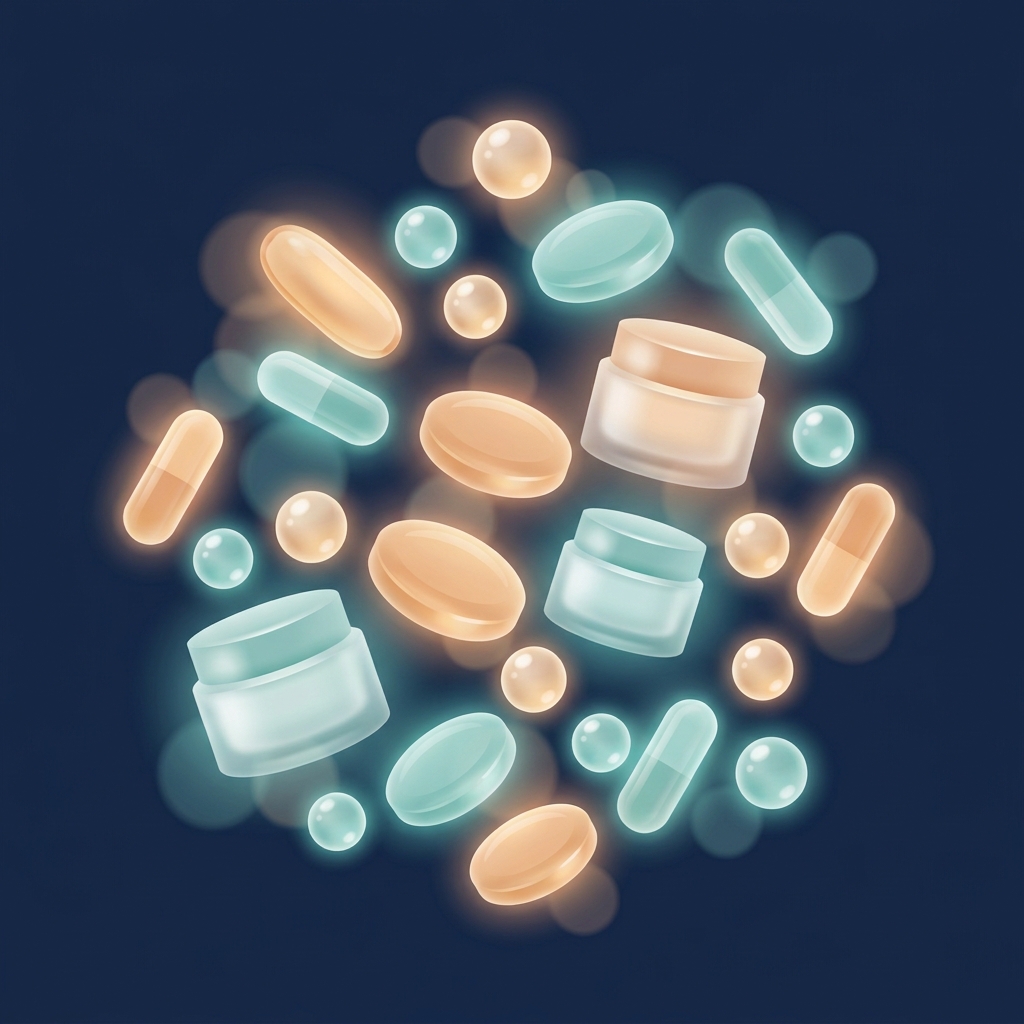 Stylized illustration of diverse novel drug delivery forms used in compounding pharmacy, including capsules, gels, and troches