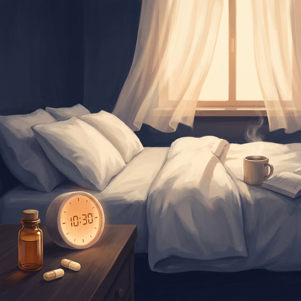 Custom compounded sleep medication on a bedside table in a calm, moonlit bedroom for sleep disorder treatment.