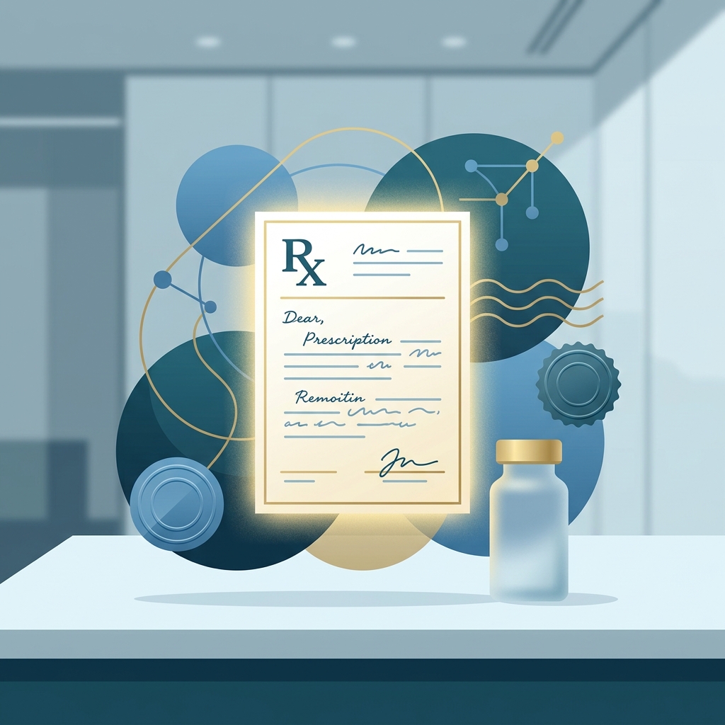 Illustrated compounding pharmacy prescription document glowing with legal authority, representing compounding pharmacy prescription requirements.