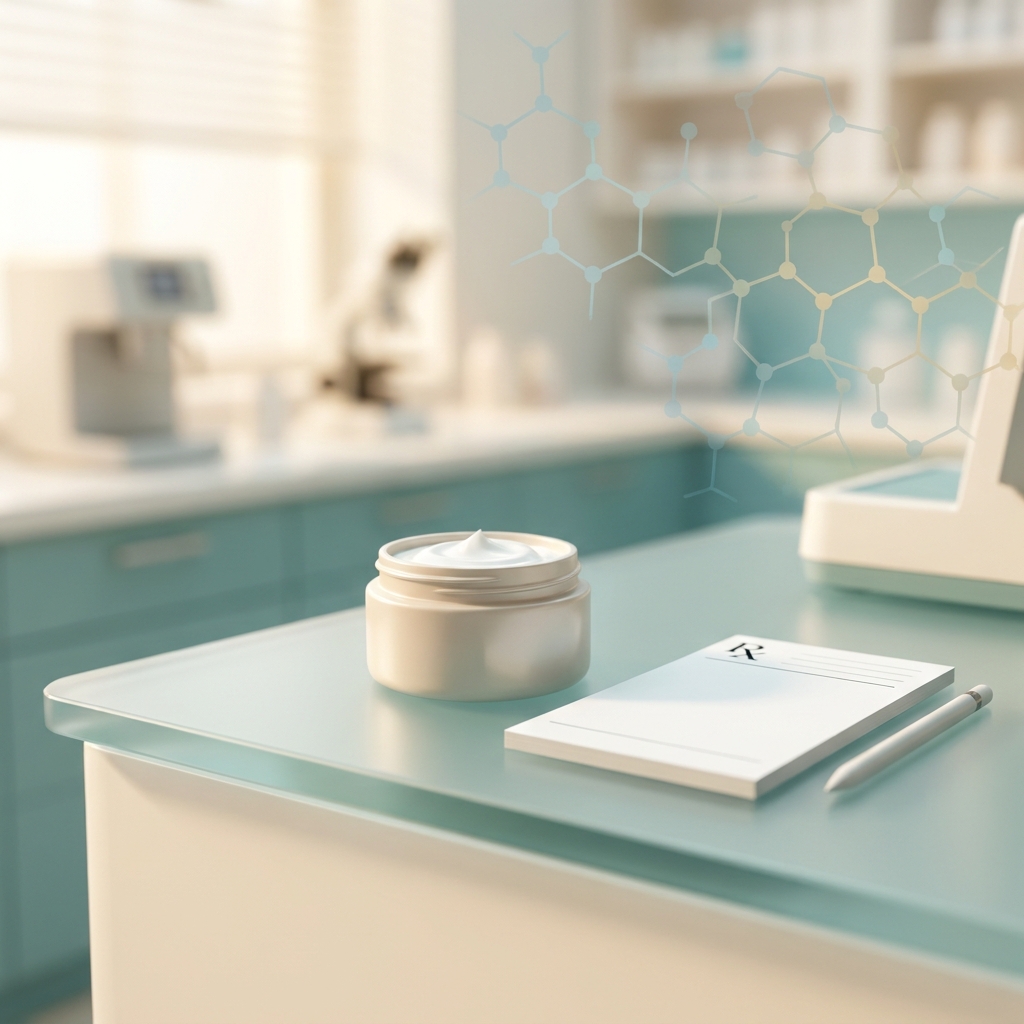 Elegant compounding pharmacy setting representing transdermal pain medication compounding with cream jar and prescription notepad