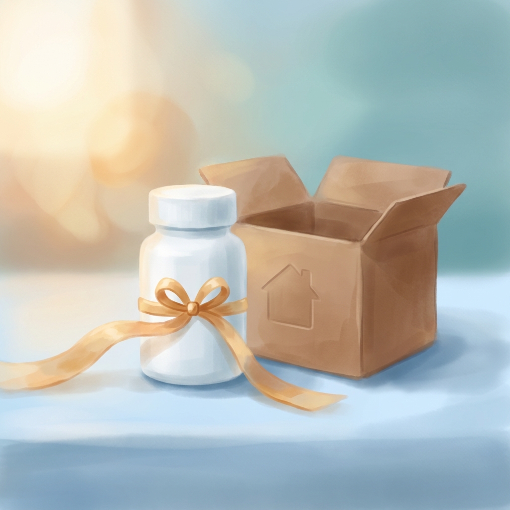 Custom medication bottle beside a delivery box representing mail order compounding pharmacy services