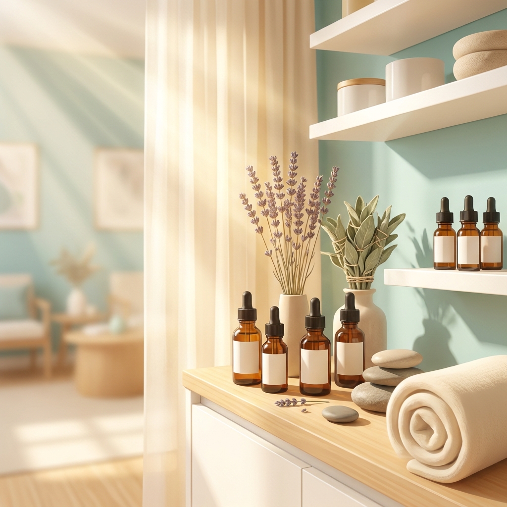 Elegant wellness illustration representing bio-identical hormone replacement therapy compounding with botanical and pharmacy elements