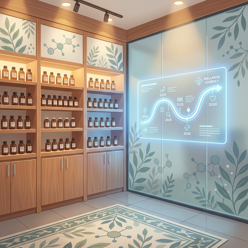 Modern compounding pharmacy environment illustrating a personalized long-term roadmap for chronic disease management.
