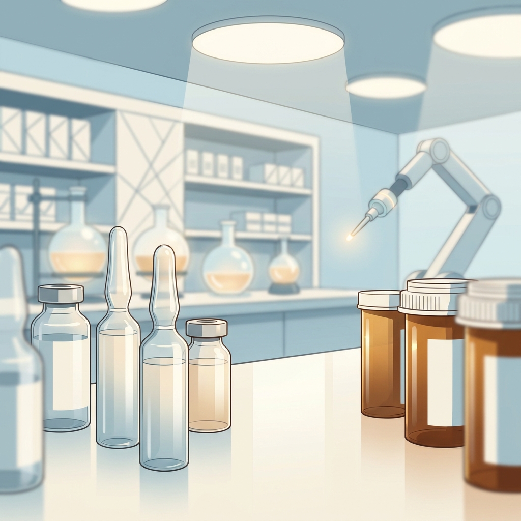 Clean modern peptide compounding pharmacy counter with glass vials and prescription bottles in soft blue and amber tones