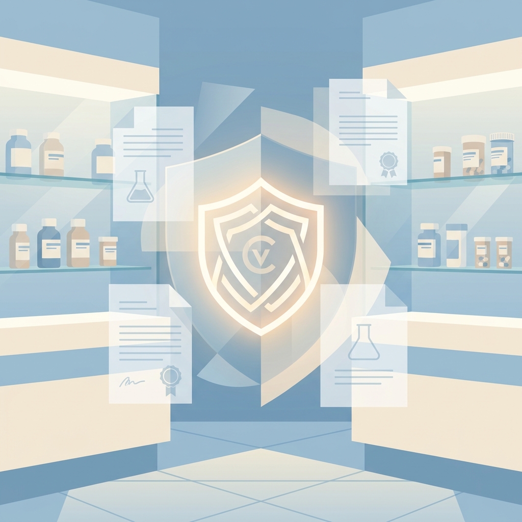 Trusted compounded weight loss injection pharmacy represented by glowing certification seal in a clean modern pharmacy setting