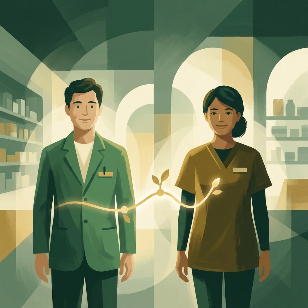 Illustration representing a long-term compounding pharmacy relationship between a pharmacist and healthcare provider