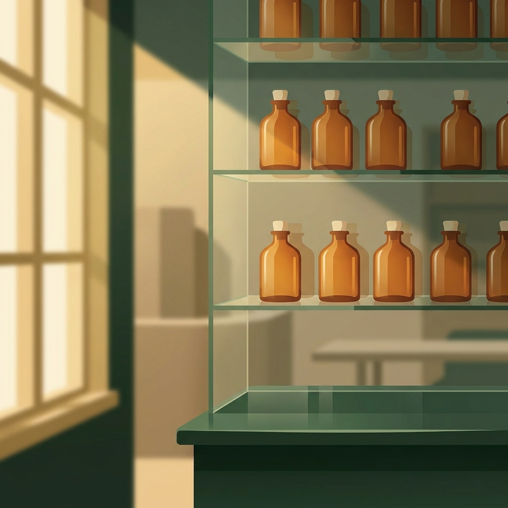 Modern BHRT compounding pharmacy interior with warm amber lighting and clean professional shelving