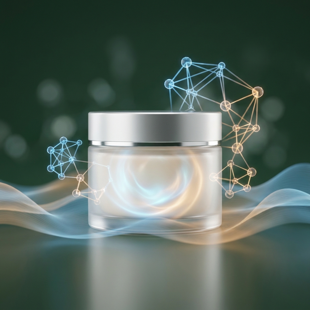 Stylized illustration representing gabapentin compounding topical formulation with molecular structures and cream jar
