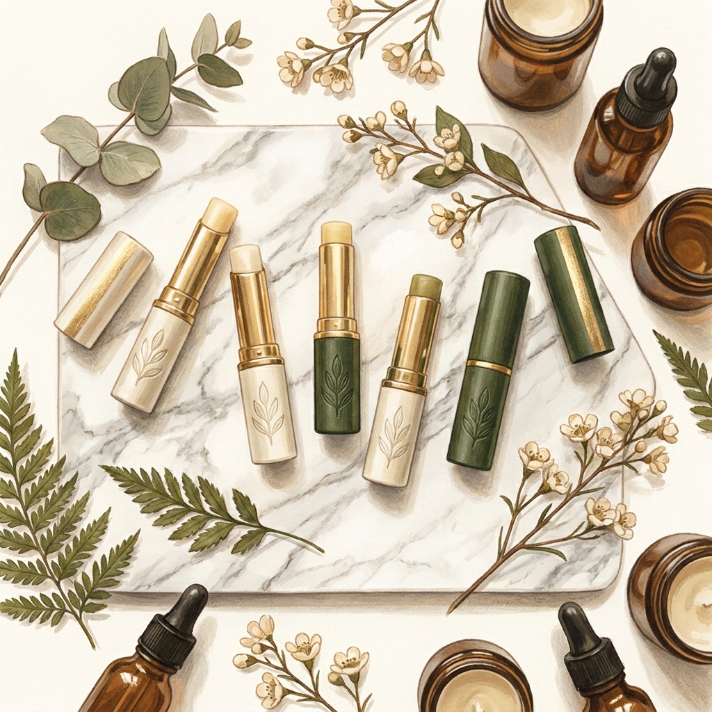 Custom medicated lip balm sticks on marble surface representing lip balm medication compounding pharmacy formulations