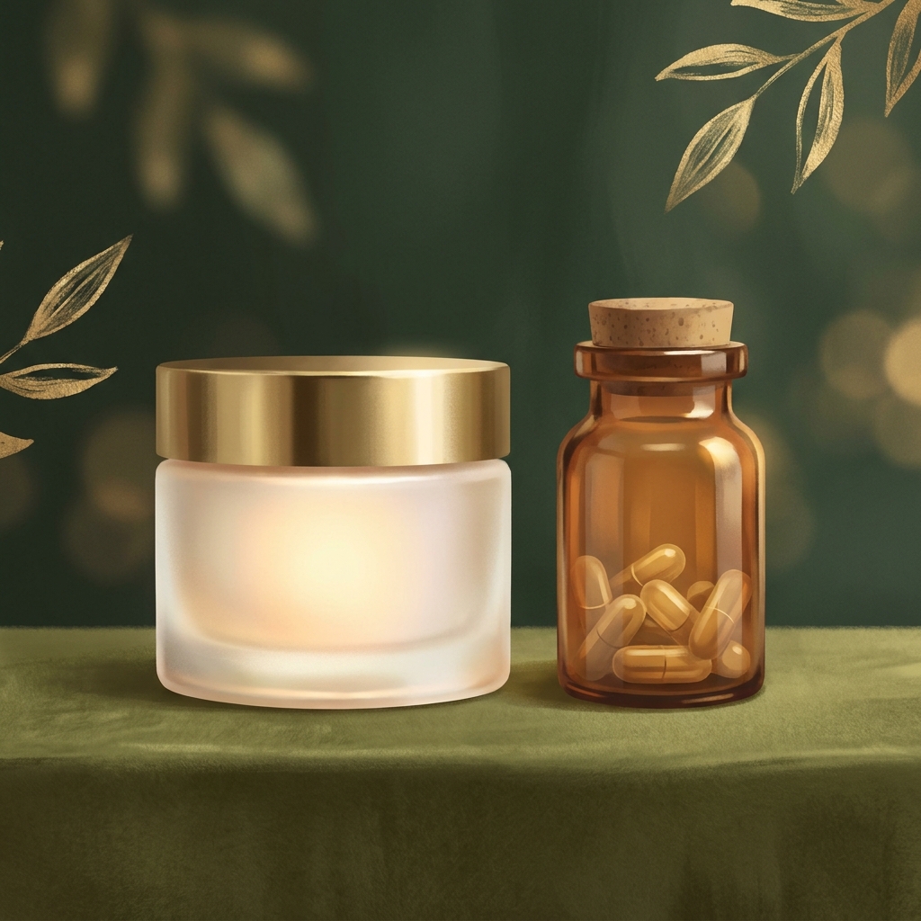 Compounded pain cream jar and oral pain medication bottle comparison illustration on green background