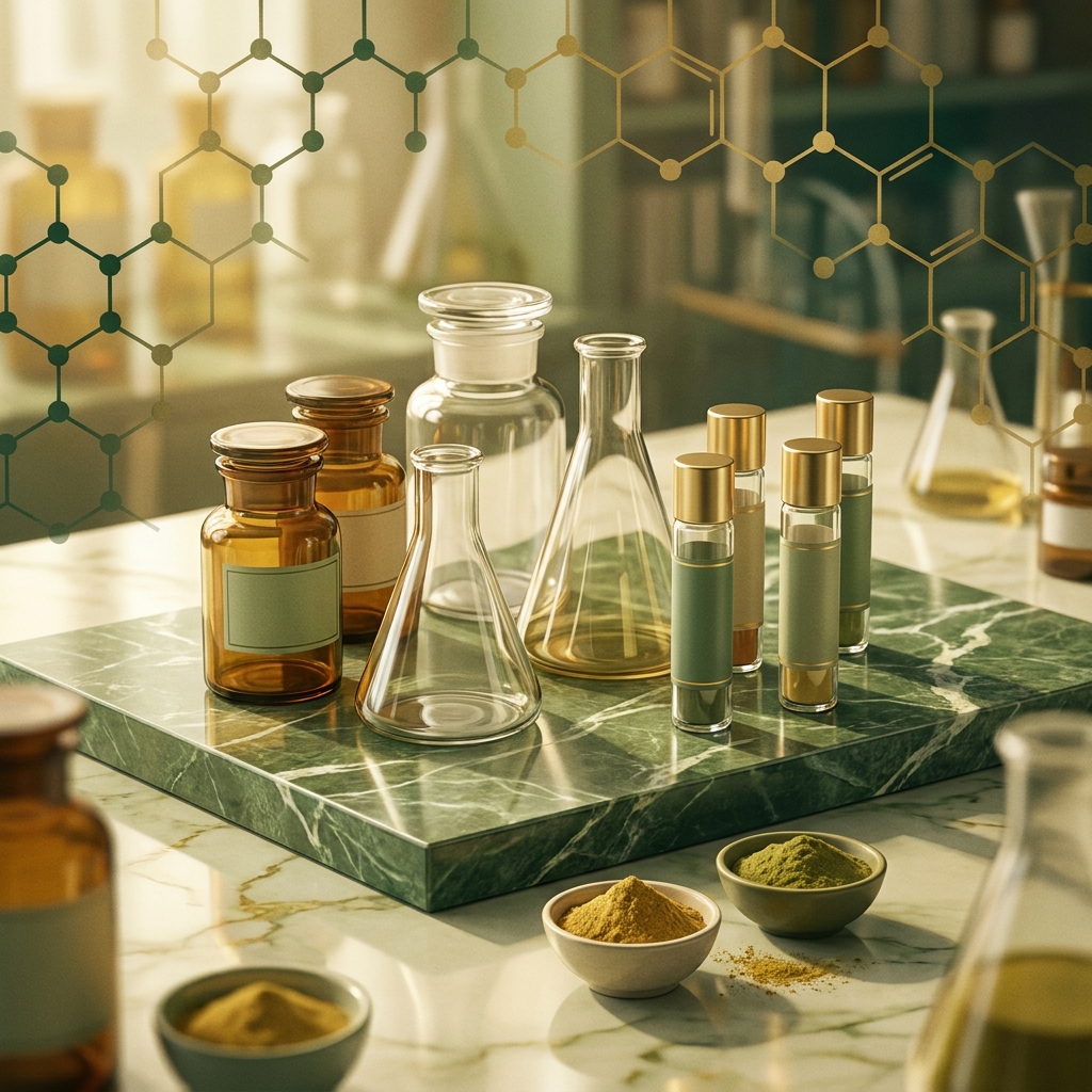 Elegant compounding pharmacy vials and vessels representing medical appetite suppressant compounding options beyond GLP-1