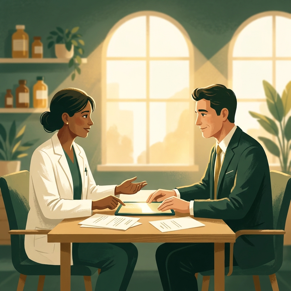 Pharmacist and prescriber in a compounding pharmacy consultation for prescribers, reviewing clinical documentation together.