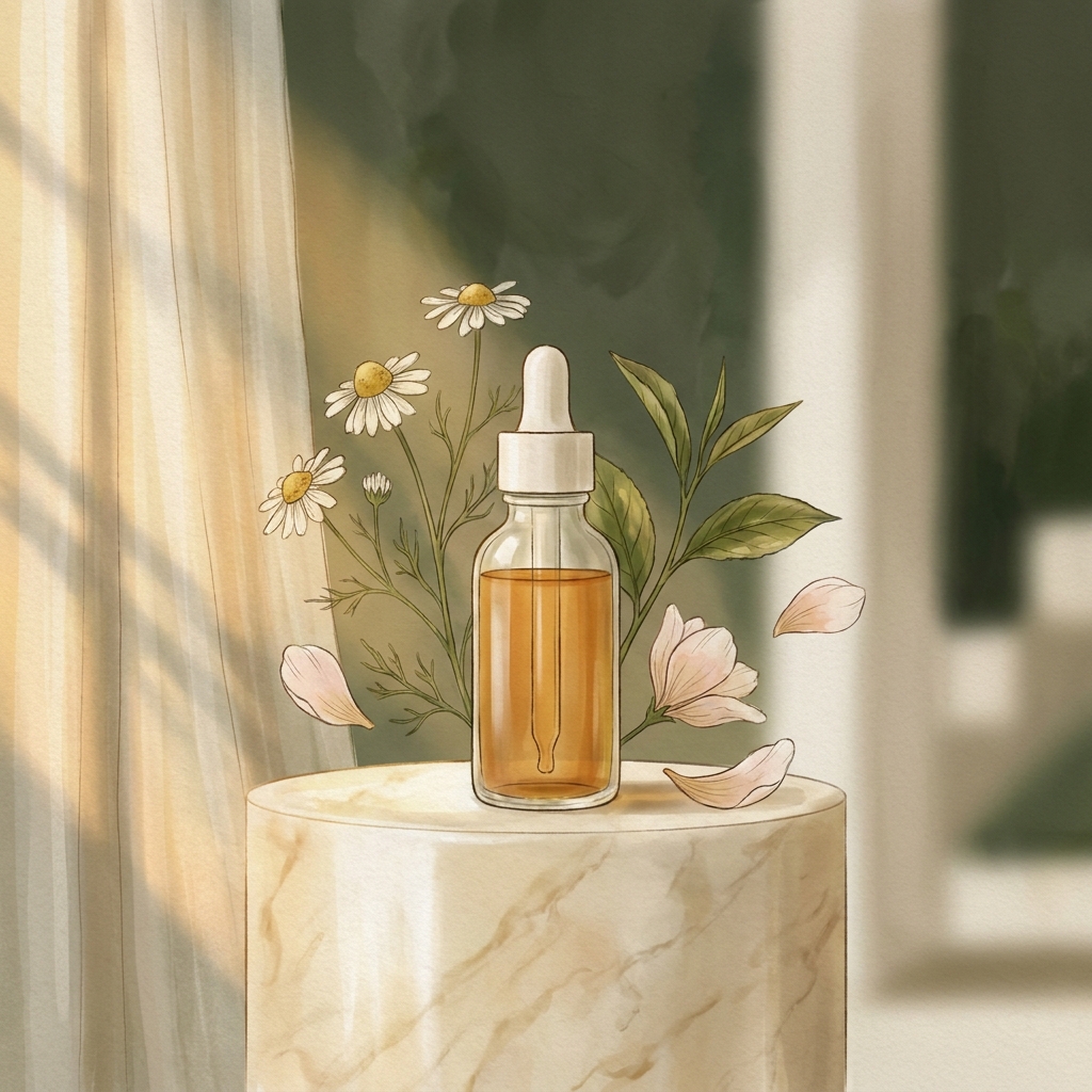 Custom compounded rosacea treatment formulation in an elegant amber bottle on a marble surface with botanical elements
