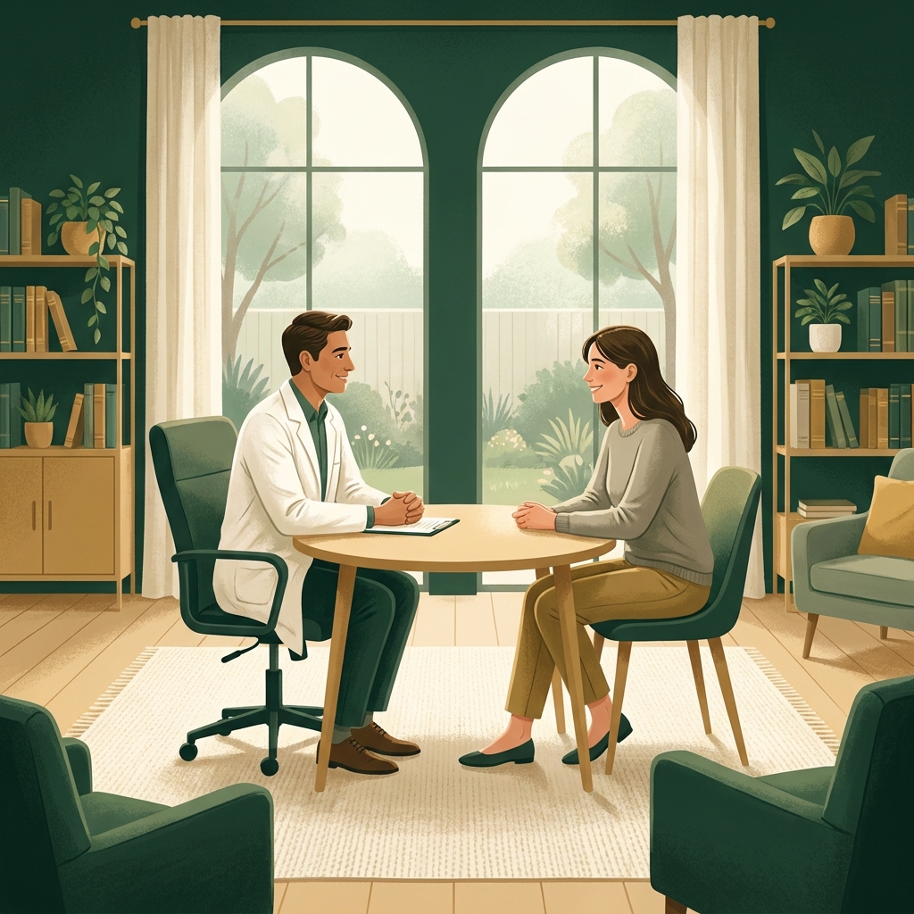 Pharmacist consultation for compounding medication in a warm, professional pharmacy setting