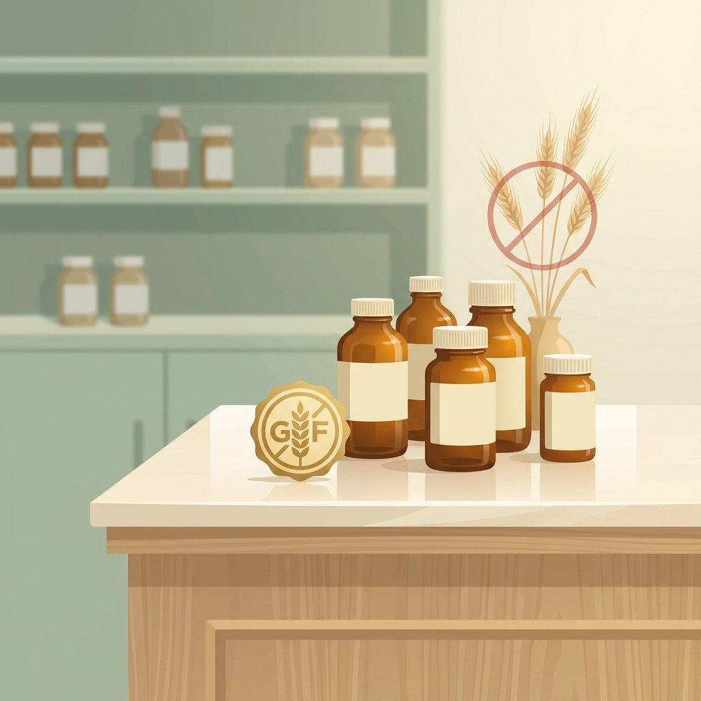 Stylized illustration representing gluten-free compounded medication safety with pharmacy bottles and a gluten-free symbol.