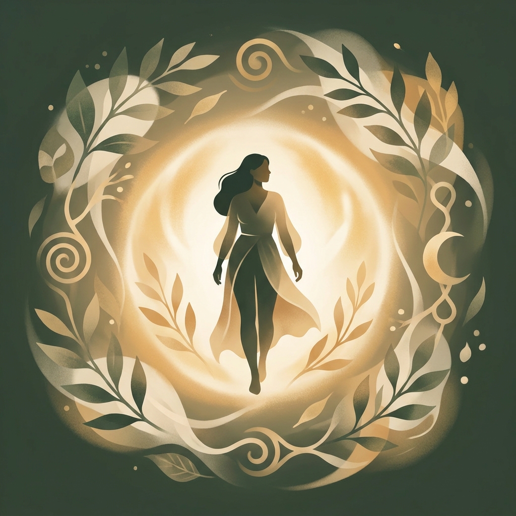 Illustration of a woman surrounded by botanical wellness elements representing compounding pharmacy for women's health across life stages.