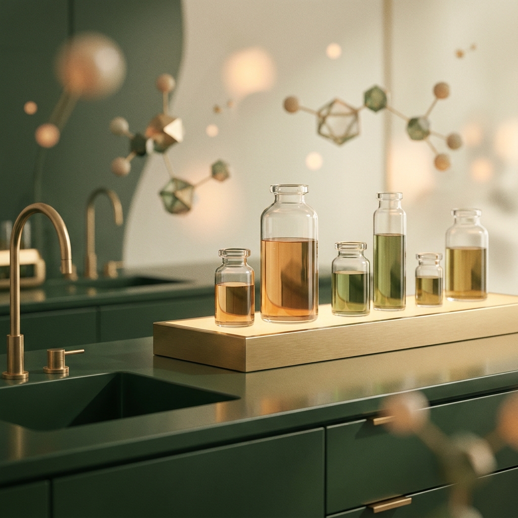 Elegant illustration representing hormone optimization compounding pharmacy with warm green and gold tones and soft molecular elements.