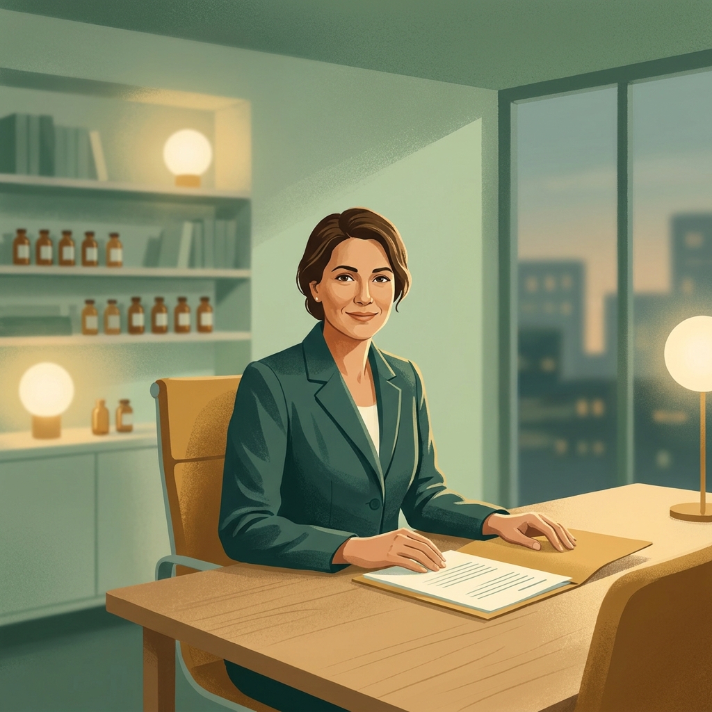 OB/GYN physician reviewing compounding pharmacy partnership guide in a modern clinical office setting
