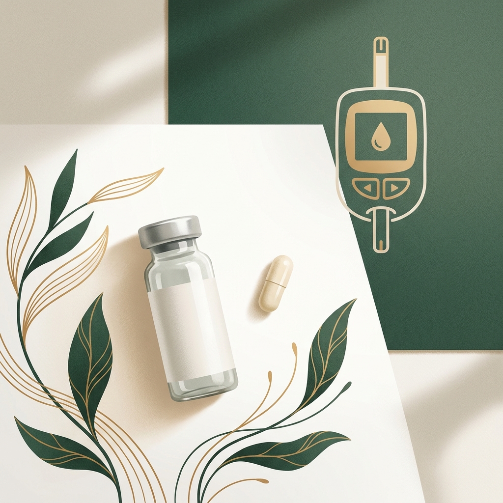Clean pharmacy vials and capsules representing sugar-free medication compounding for diabetics