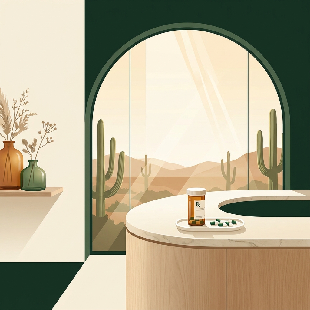 Modern compounding pharmacy consultation space in Arizona with warm golden light and clean, professional design.