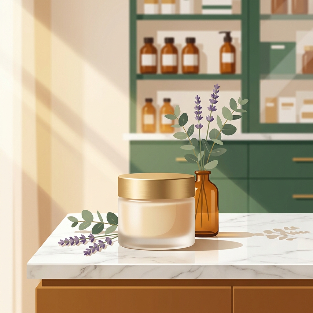 Arthritis topical compound medication jar on marble surface with botanical elements in warm pharmacy setting