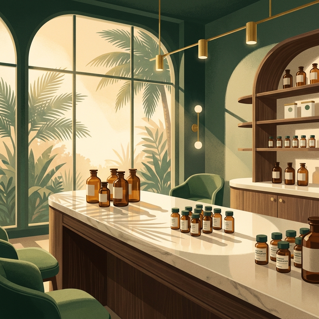 Modern compounding pharmacy Florida consultation space with custom medication vials in warm golden light