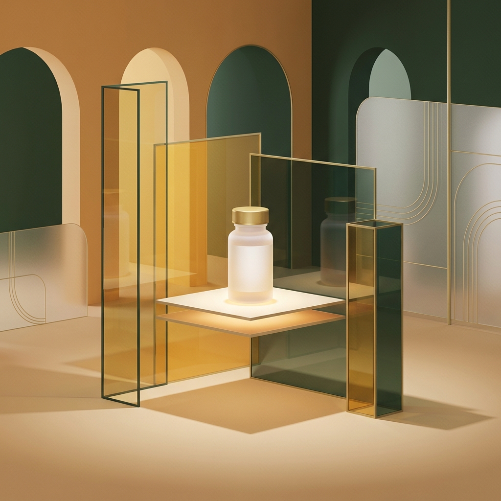 Elegant illustration representing RM3 weight loss medication compounding with a glowing prescription bottle in warm amber tones