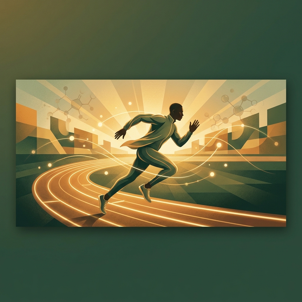 Elite athlete running in golden light, representing personalized compounded medications for athletes and sports medicine recovery.