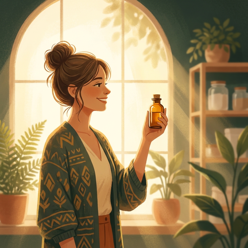 Woman finding relief through a menopause symptom relief compounding pharmacy, bathed in warm golden light.