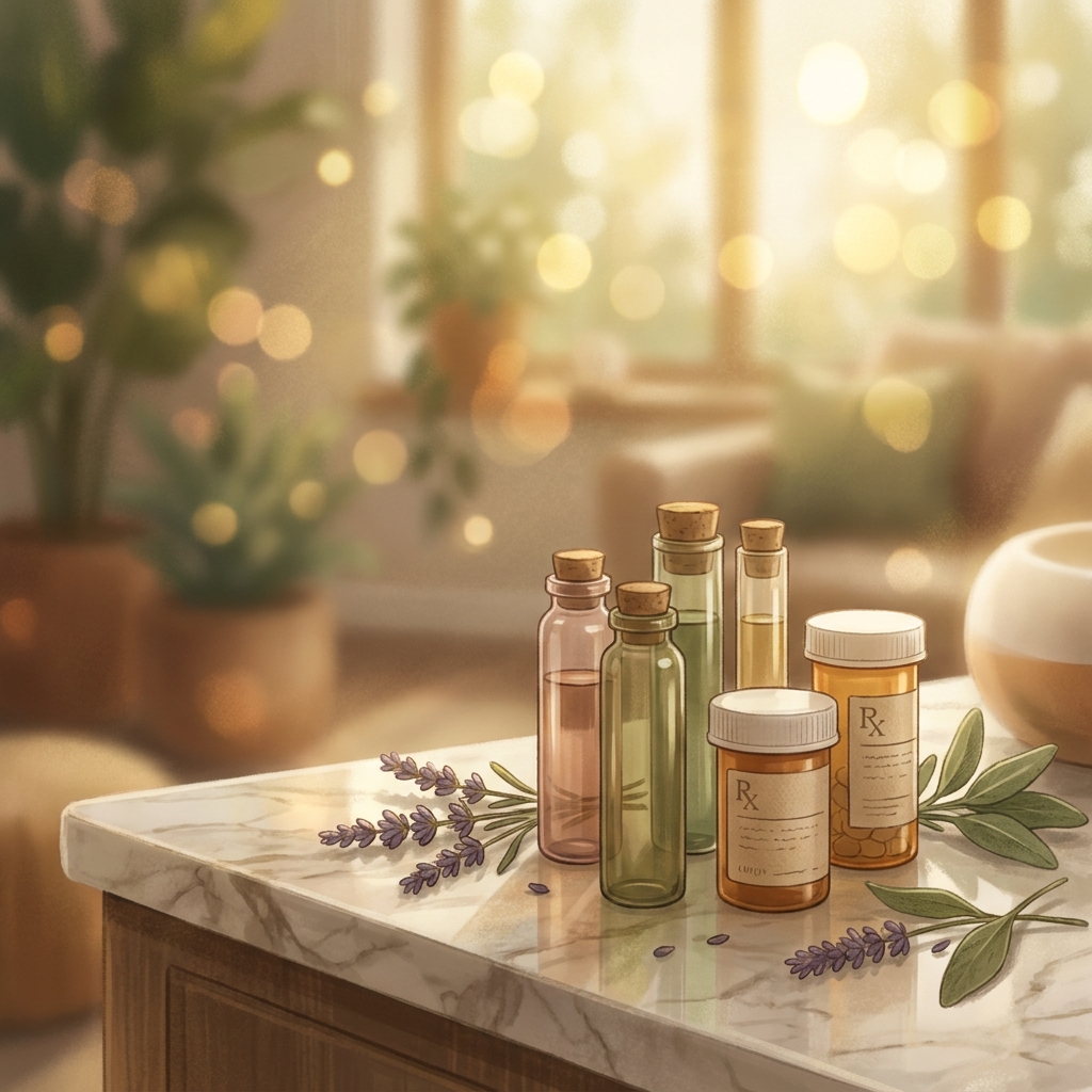Custom compounded hormone therapy prescriptions from a compounding pharmacy for hormone imbalance, styled with botanical elements