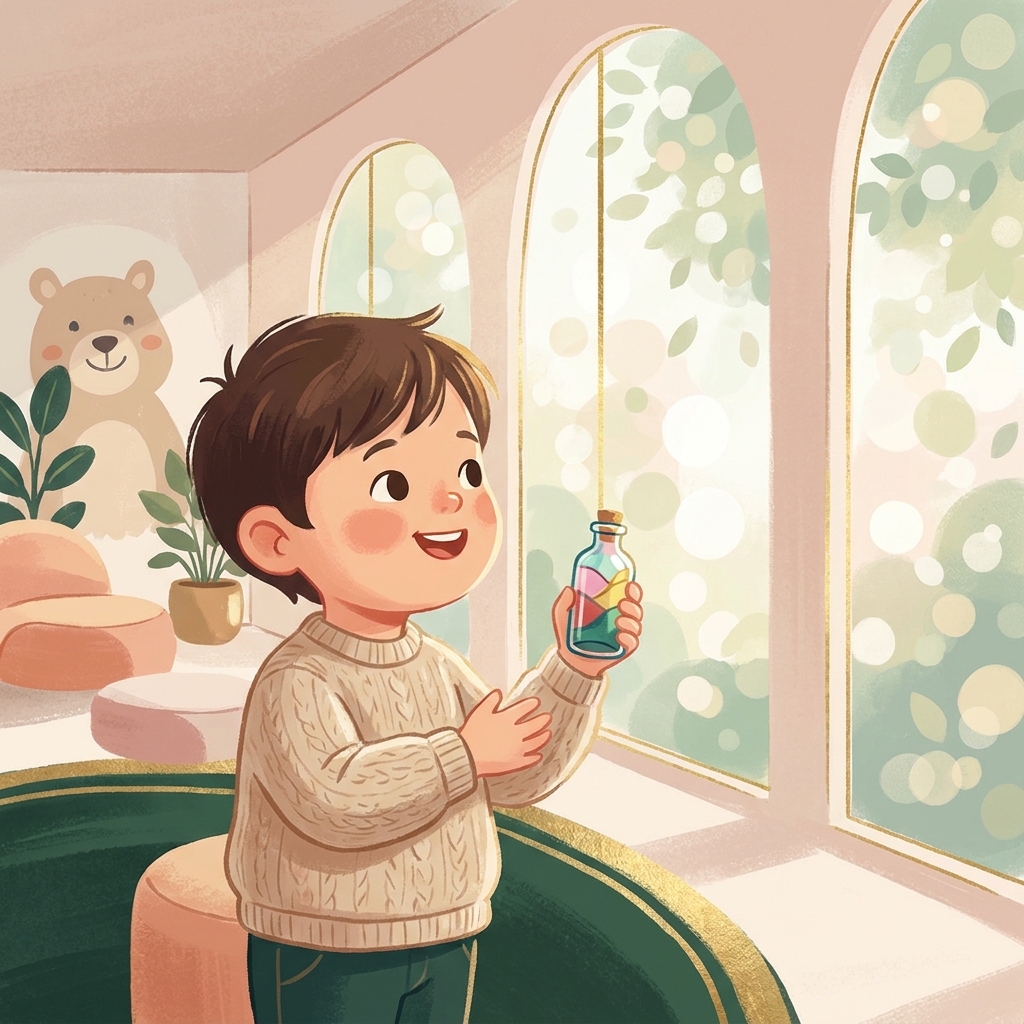 Cheerful child with custom compounded medication in a bright pediatric setting, representing compounding pharmacy for pediatricians.
