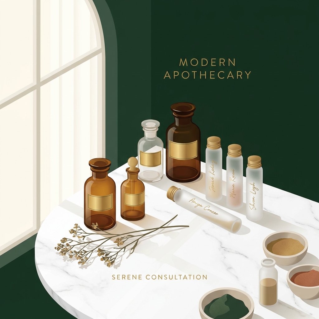 Elegant compounding pharmacy workspace with custom medication vials and botanical elements, representing compounding pharmacy for naturopathic doctors.
