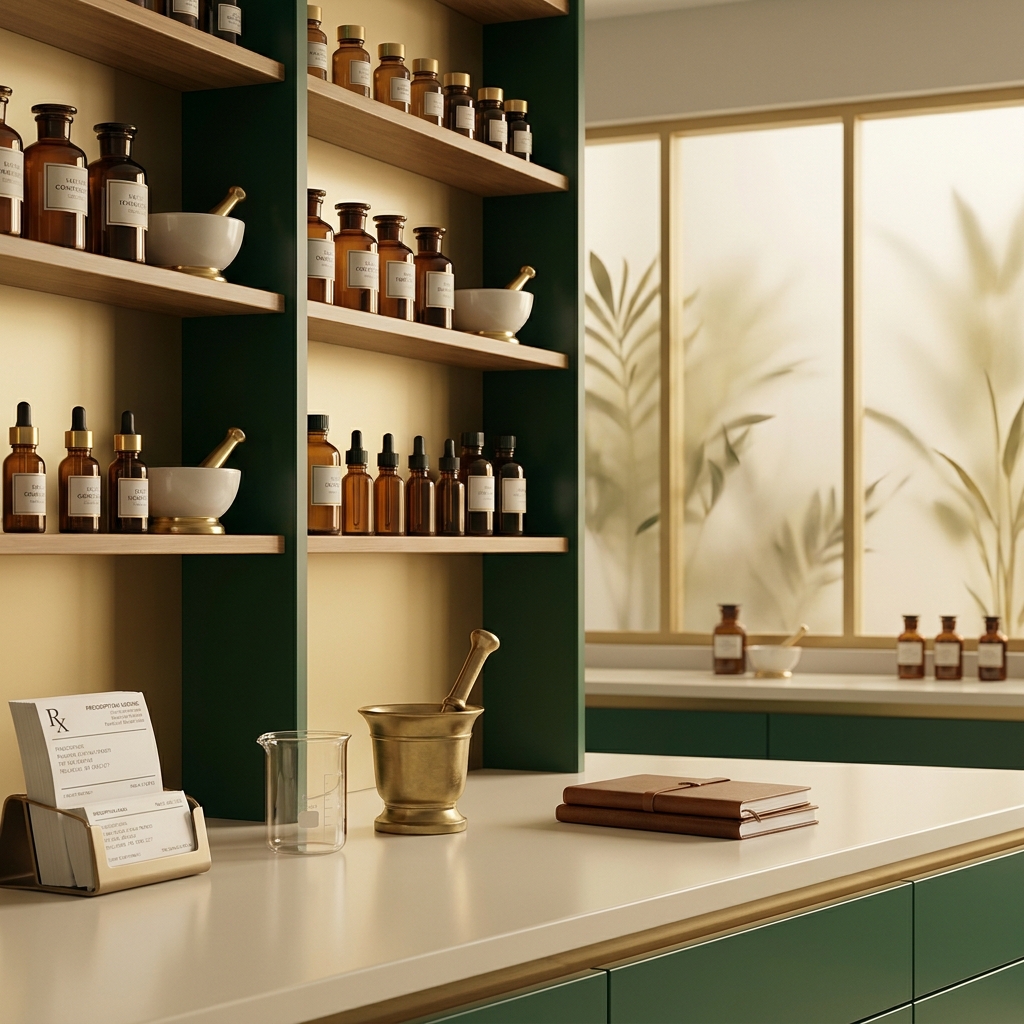 Elegant amber vials on a compounding pharmacy counter representing lidocaine compounding pharmacy solutions during the 2026 shortage.