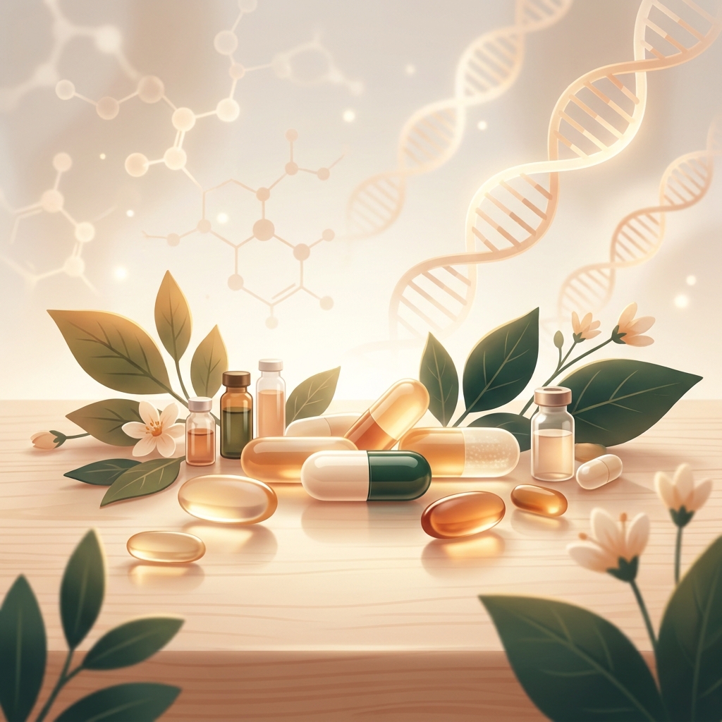 Stylized illustration of custom medication capsules and vials representing medication customization for specific patient needs